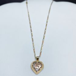 14k Solid Three Tone Gold Figaro Chain And quinceanera Heart   Charm , Neckleace Gold Pendant
