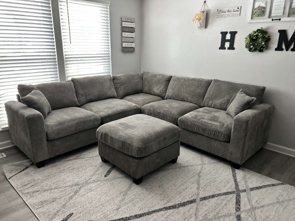 Fog Grey Plush Corduroy Sectional and Ottoman *BRAND NEW*