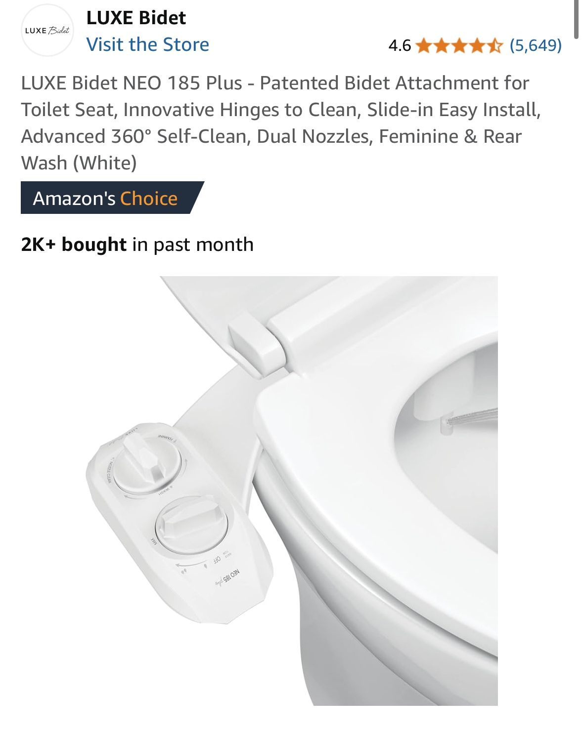 LUXE Bidet NEO 185 Plus - Patented Bidet Attachment for Toilet Seat, Innovative Hinges to Clean, Slide-in Easy Install, Advanced 360° Self-Clean, Dual