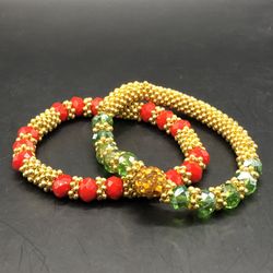 Green Red Gold Faceted Rainbow Beads Gold Tone Stretch Bracelets Set of 2