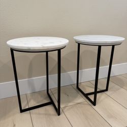 Round White Real Marble Stone Top End Side Table with Black Finished Legs