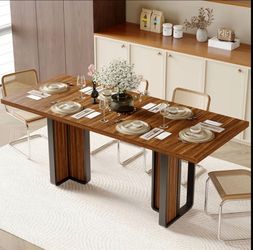 71 inch Dining Table for 6-8, Farmhouse Kitchen Table with Large Tabletop, Rectangular Dinner Eating Table W/Thickness Waterproof Wood Tabletop & Foot