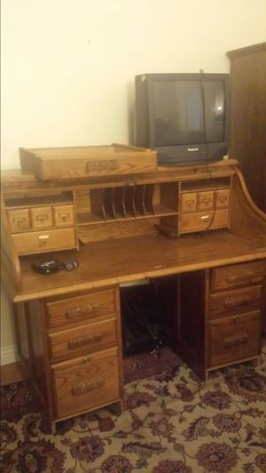 Large Oak Antique Roll Top Desk With Rolling Chair For Sale In