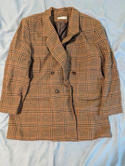 Stephanie Andrews Women’s Brown Plaid Blazer Jacket L Button Collared Pockets