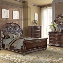 5 Pcs Queen Size Luxury Bedroom Set With Marble Top Dresser, Nightstand & Chest 