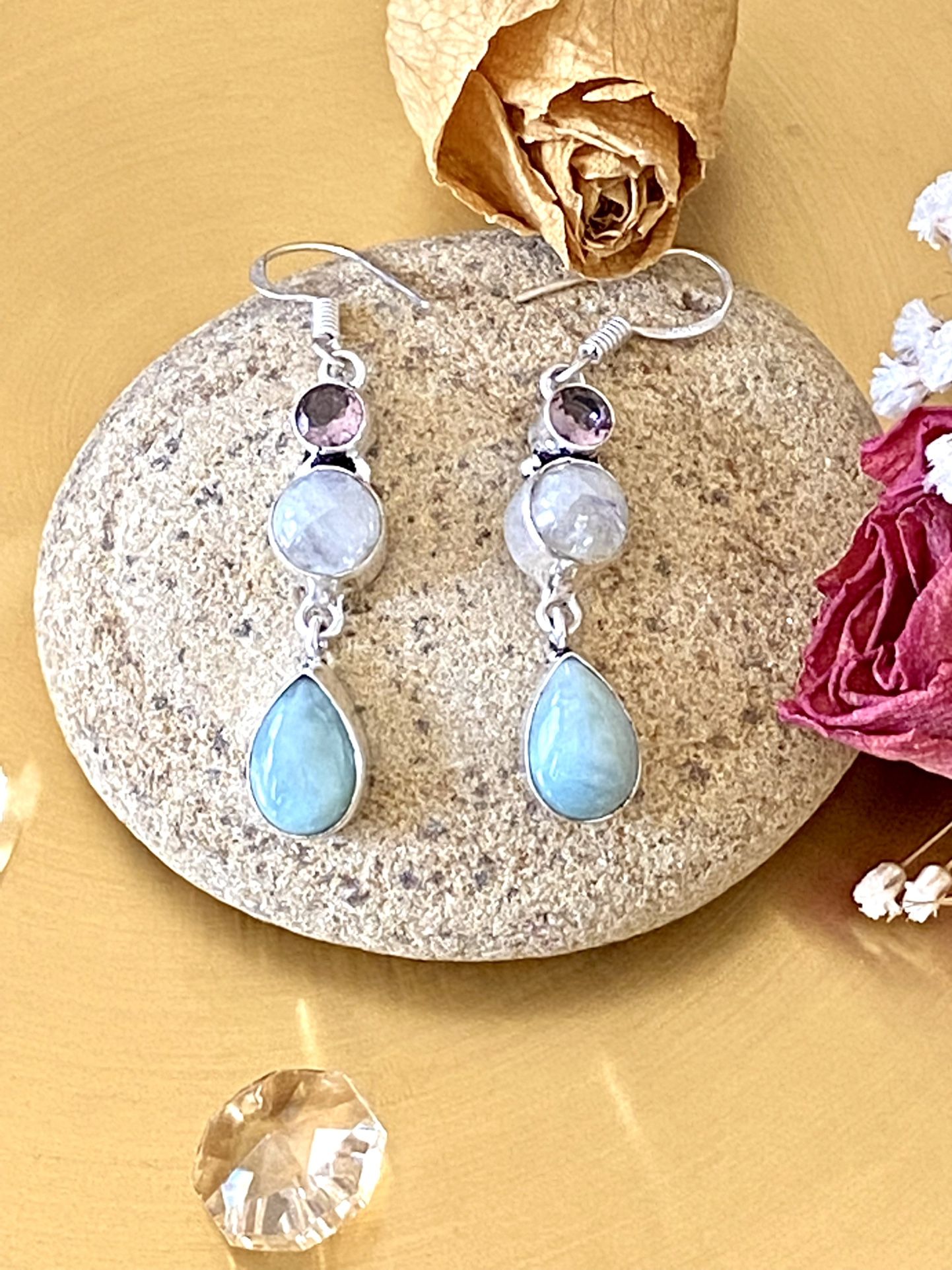 Larimar, Rainbow Moonstone And Amethyst 925 Sterling Silver Overlay Earrings