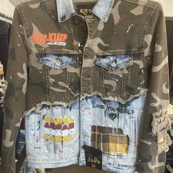 Men’s camo fashion, designer denim jacket with patchwork sizes, available, medium extra large and small