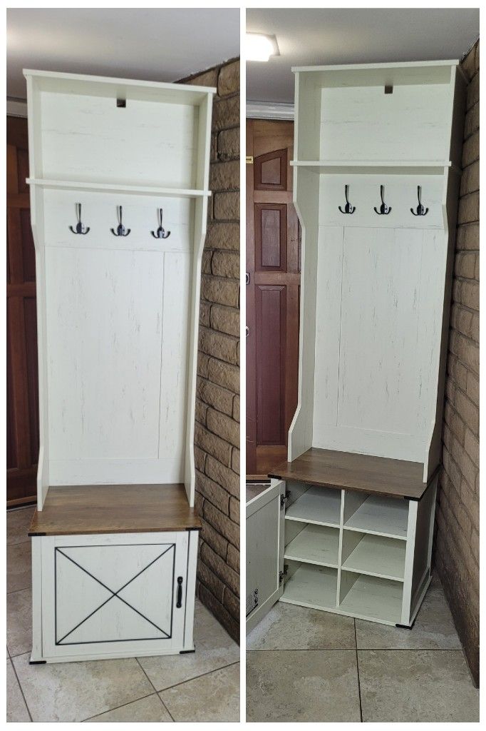 Barn Door Hall Tree with Bench and Shoe Storage / Coat Rack with Shoe Bench