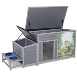 Large Outdoor Dog House with Slow Food Bowl，Gray 