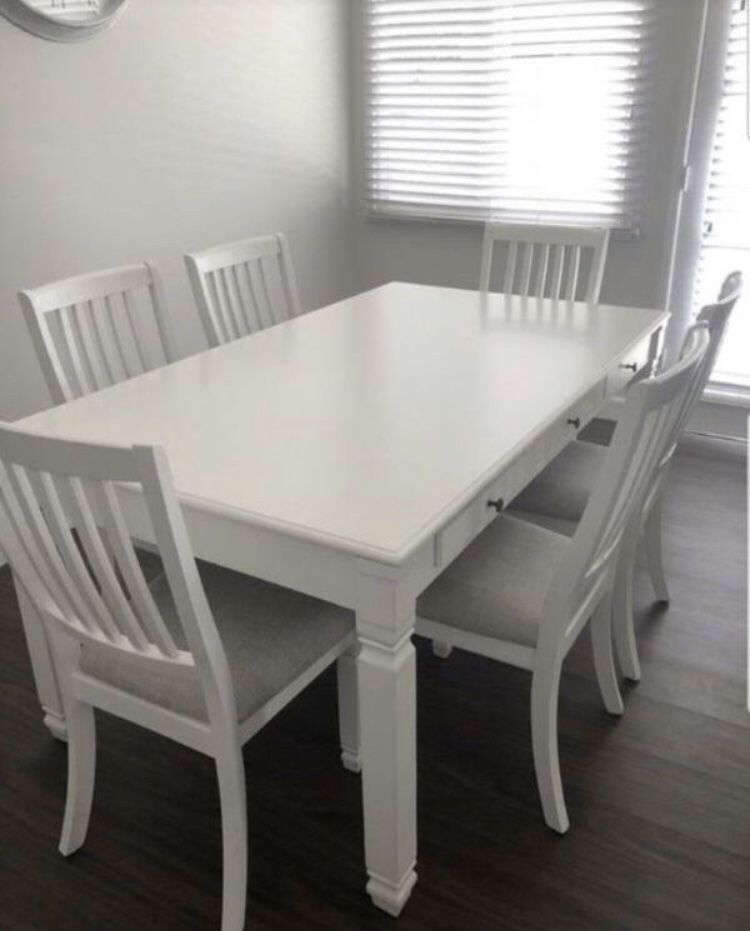 6pcs dining table set white solid wood