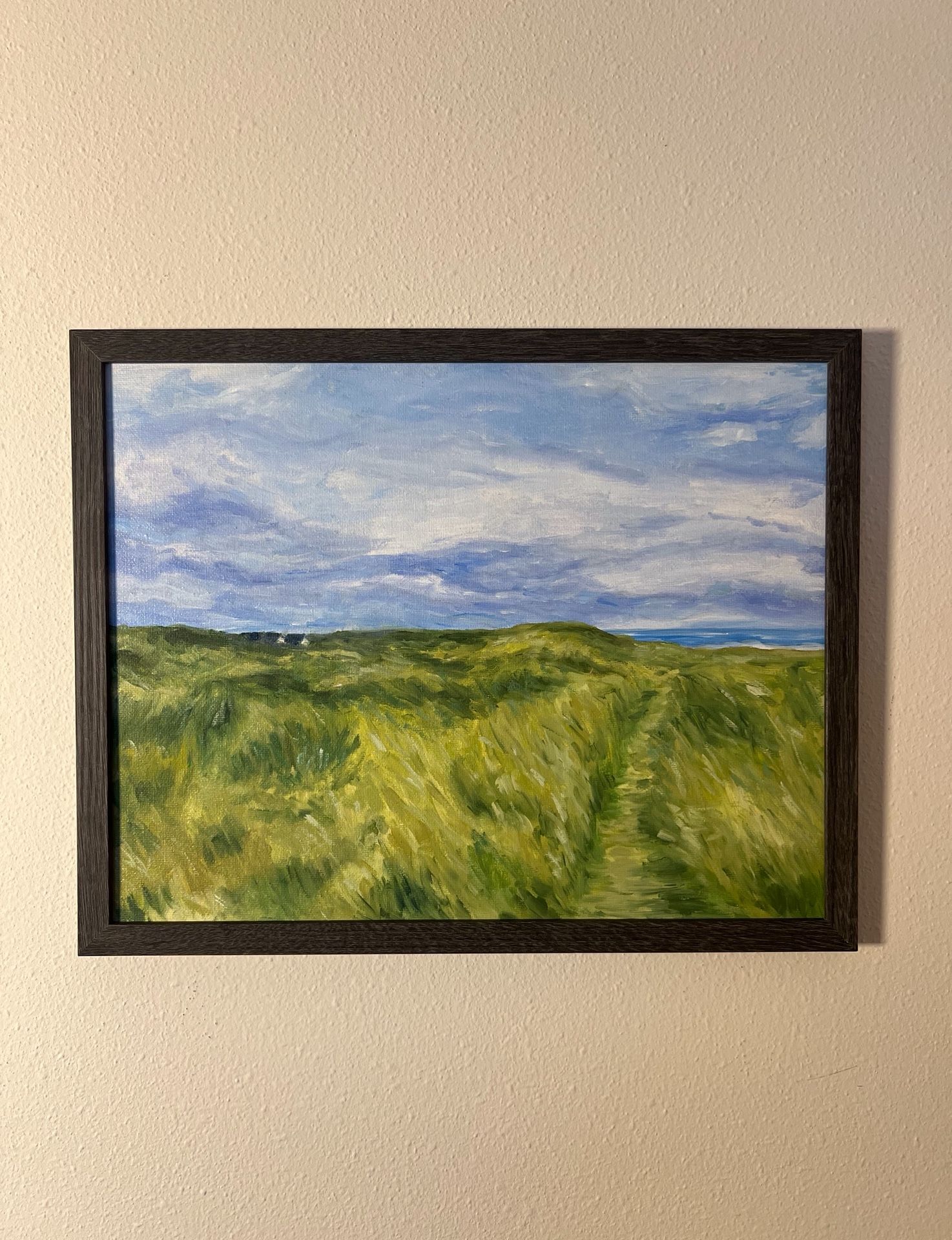 Original acrylic painting of a beachfront meadow in Westport, WA. Size: 11x14 (Plein air)