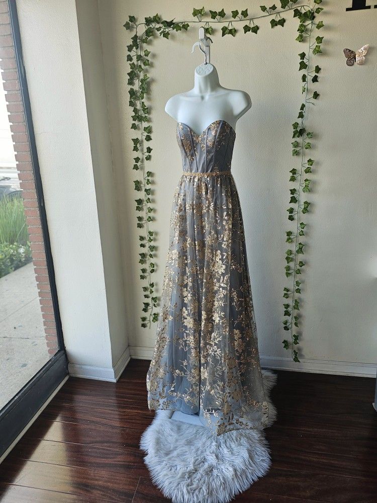 Dreamy Charcoal- Gold A line dress, corset style bodice , SIZE 2 / PROM / Wedding / party dress