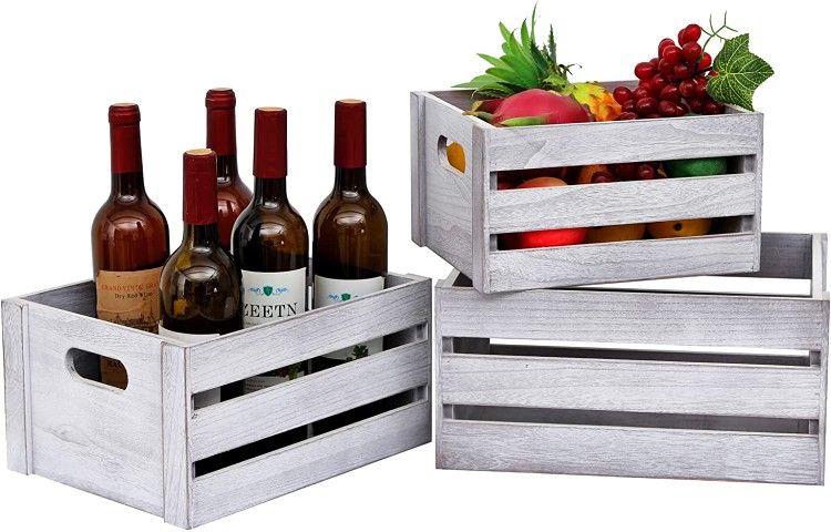 LKMANY Decorative Wood Crates Nesting Crates Storage Container,Nature Rustic White Set of 3