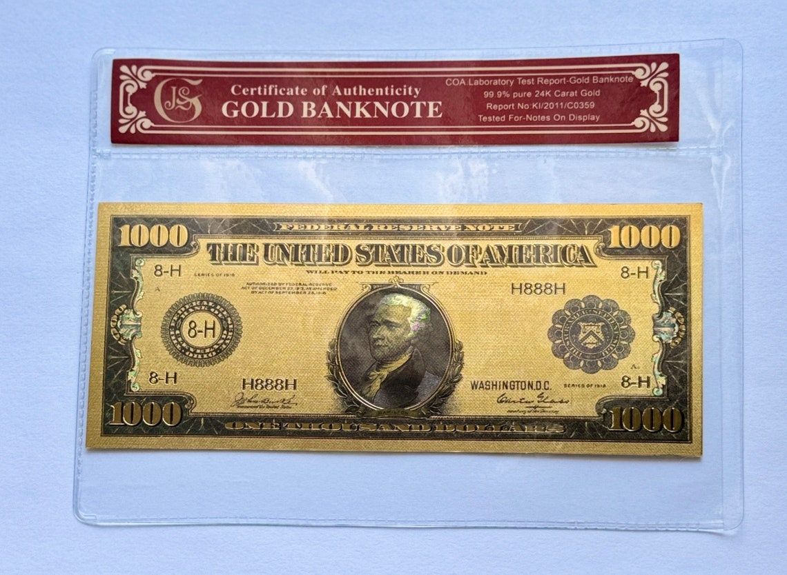 1918 Federal Reserve Banknote 24K Gold Foil / Protective Holder / COA
