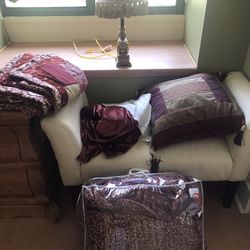 Beautiful Red Queen Size Comforter With Bed Skirt, Two Large Shams One Decorative Pillow And A Matching Red Elephant Lamp