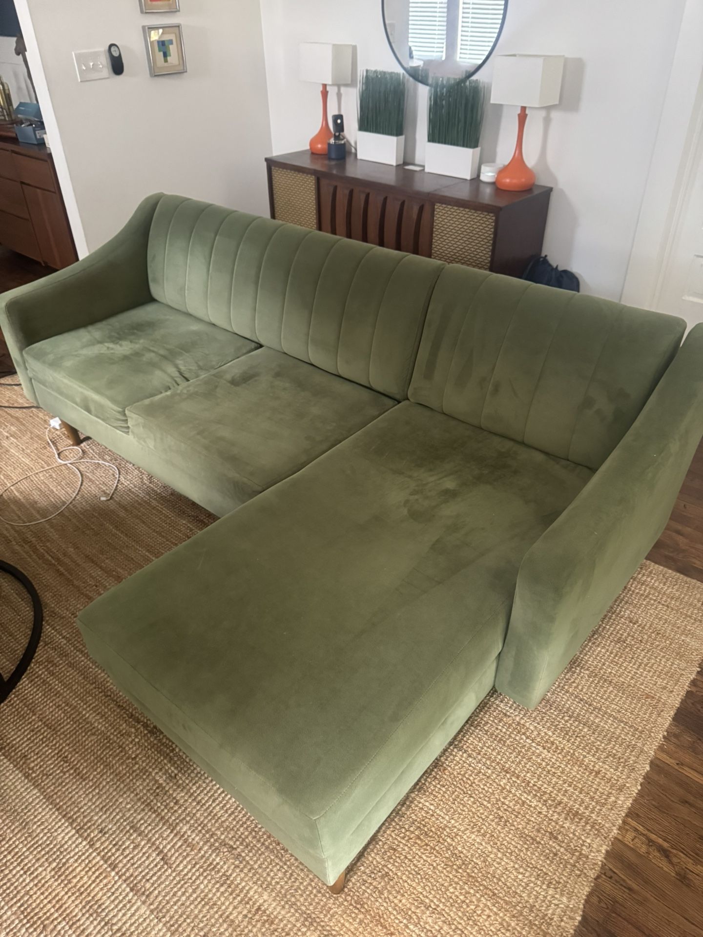 West Elm Olive Velvet Sectional - Right Chaise (86”)