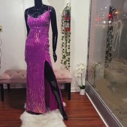 Stunning Magenta patterned iridescent sequin maxidress, spaghetti shoulder strap, open back with criss-cross and zipper back, front slit, stretchy