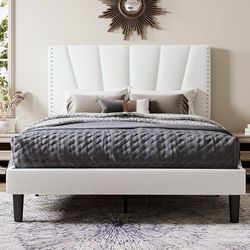 Queen Velvet Platform Bed Frame with Adjustable Headboard, White Height-Adjustable Velvet Headboard, Rivet-Style Nailhead Trim, Wooden Slat Support, N