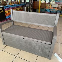  70 Gallon Patio Bench with Storage, Outdoor Storage Box with Armrests for Patio, Garden, Pool, Porch, Waterproof and Lockable, Light Brown