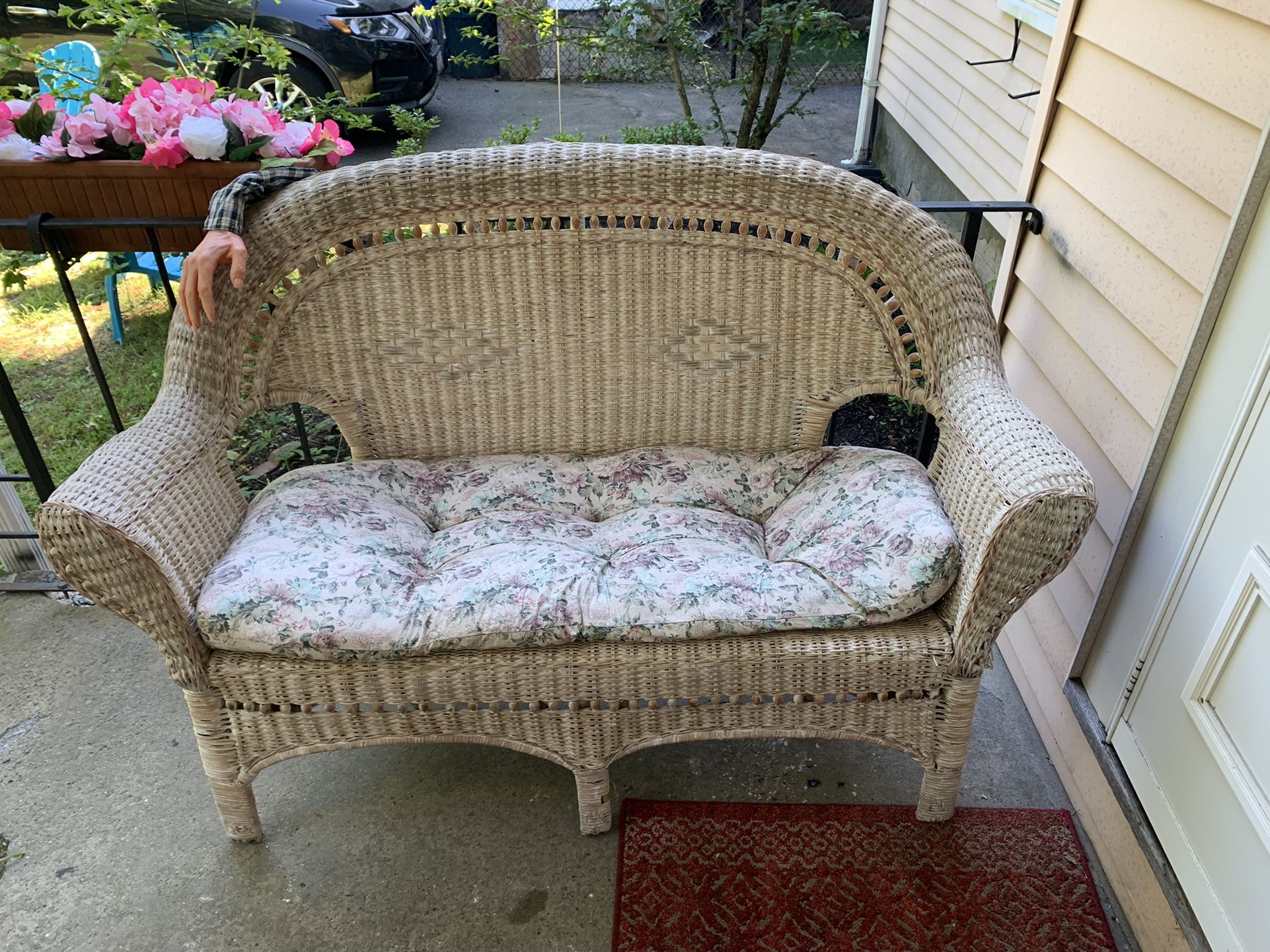 Wicker Couch, Coffee Table, Rocking Chair And Seat