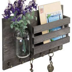 MyGift Vintage Gray Wood Wall Mounted Key and Mail Organizer for Wall Rack with 6 Hooks and Decorative Mason Jar Vase