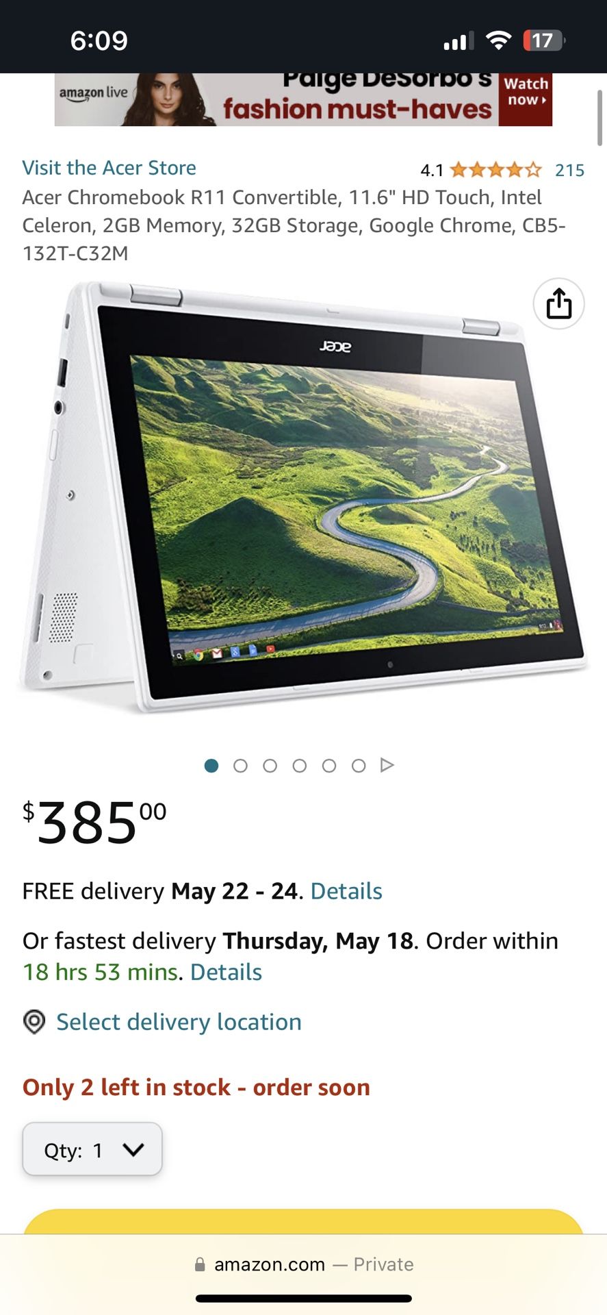 Acer Chromebook R11 Convertible, 11.6" HD Touch, Intel Celeron, 2GB Memory, 32GB Storage