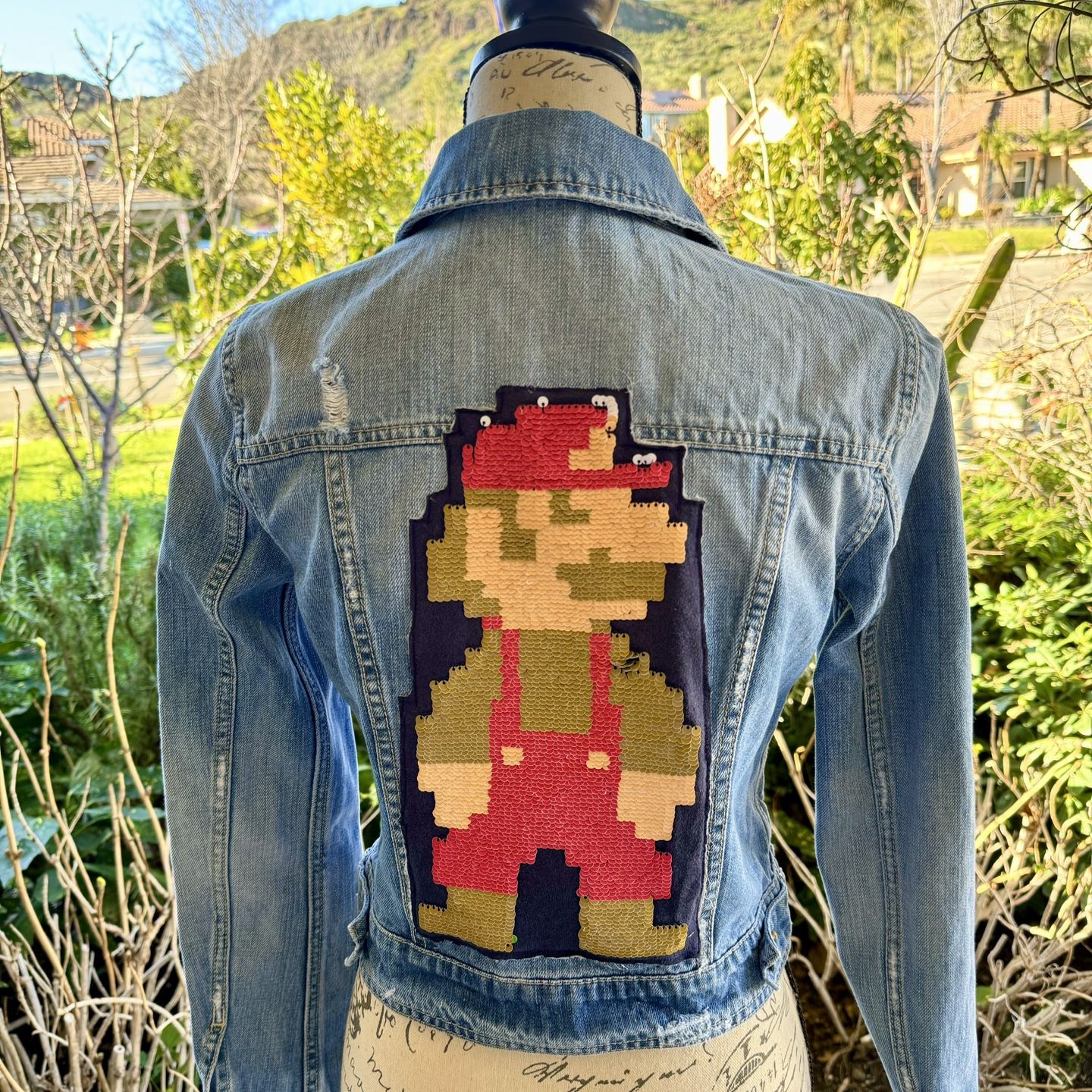 Mario/Nintendo Denim Jean Jacket With Reversible Sequins That Turns Into Another Character