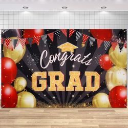 Congrats Grad Graduation Banner Photo Backdrop Party Decorations Supplies, 71”x43” Black/Gold/Red