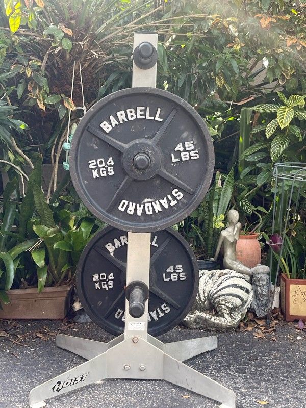 PAIR OF BLACK CAP 45 LB. OLYMPIC PLATES & HOIST WEIGHT TREE for Sale in