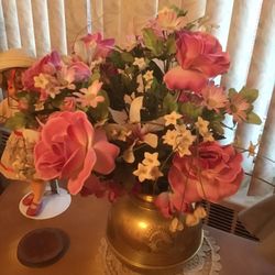 Brass Vase With Artificial Flowers 