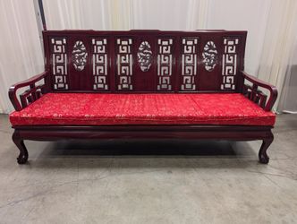 Dark Wood Asian Style Couch with Red Cushion