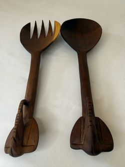 Hand Carved Wooden Elephant Salad Servers