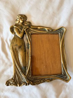 Photo Frame - SOLID BRASS Art Nouveau with Patina , Original Glass & Original Wood Backing