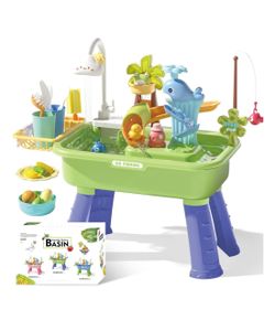 Water Table for Toddlers 1-3 with Pump, Spring-Green 43Pcs Toy Accessories, 4L Basin, Fishing & Kitchen Sink. Outdoor Sensory Toy for Toddlers 1.5-3