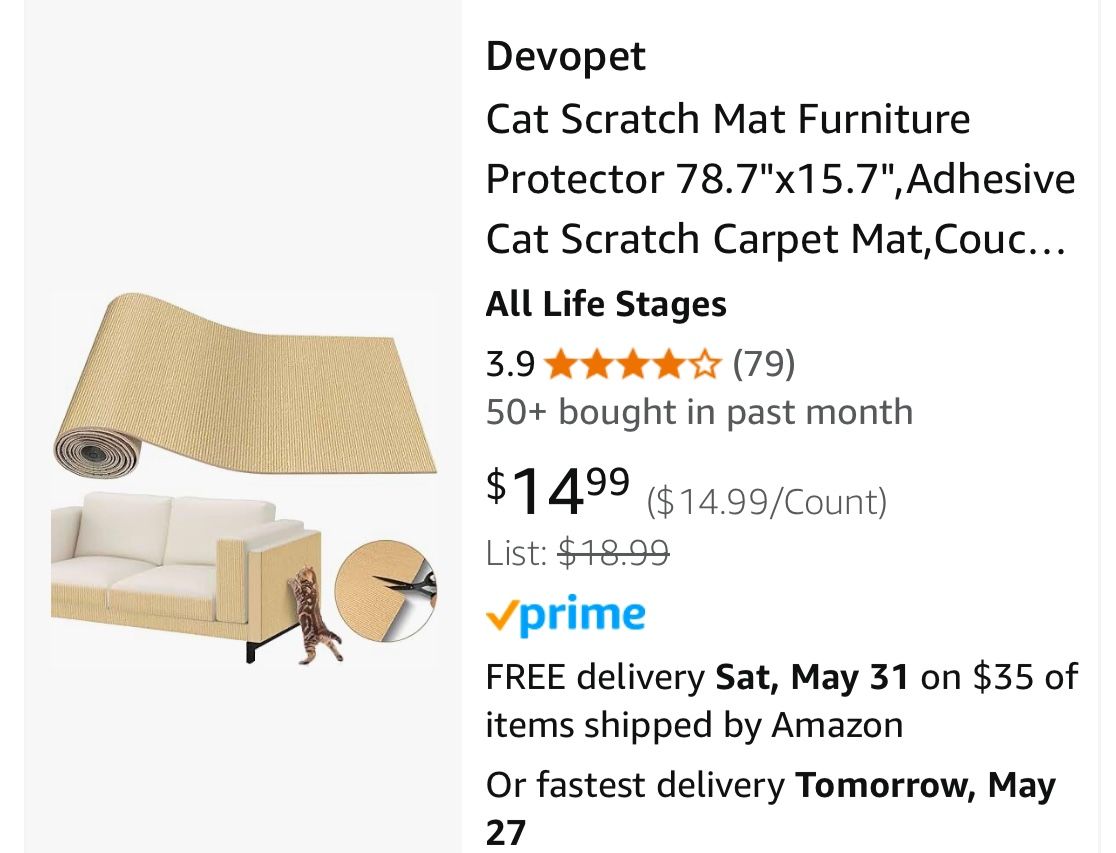 Devopet Cat Scratch Mat Furniture Protector 78.7"x15.7",Adhesive Cat Scratch Carpet Mat,Couch Protector