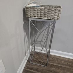 Glass Top Table And Grey Basket 