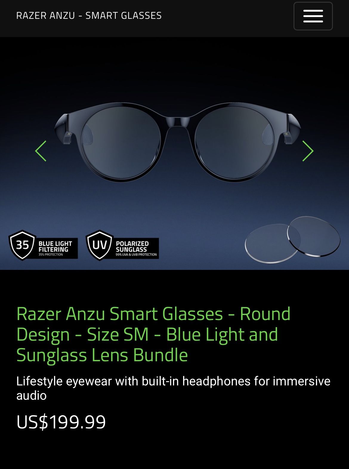 Razer Anzu Smart Glasses Round Design Size SM Blue Light and Sunglass Lens Bundle