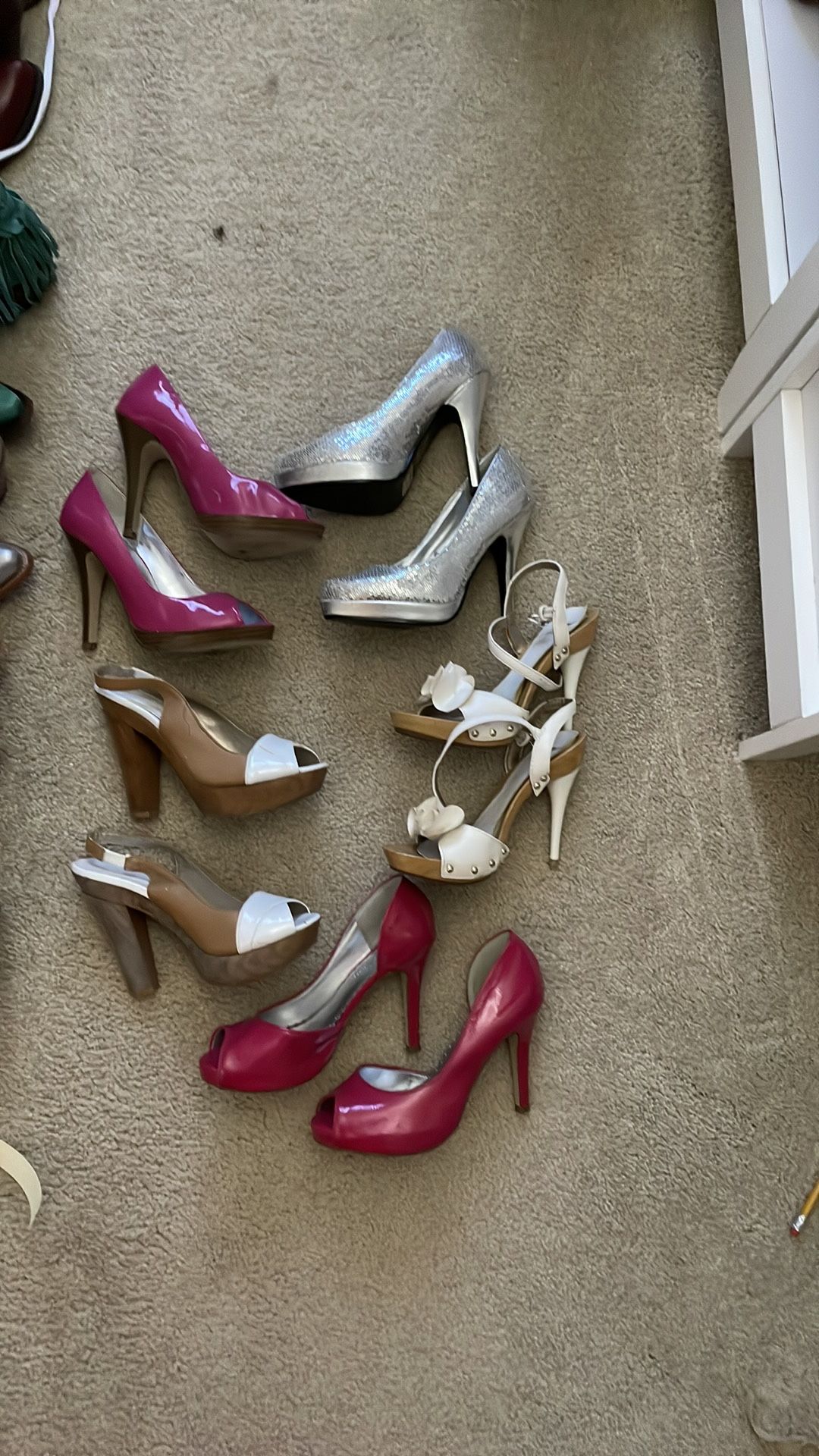 Set of 5 high heels Shoes women all 6 pink with wood bottom is 6.5 pink white silver cream bling open toe closed sling back