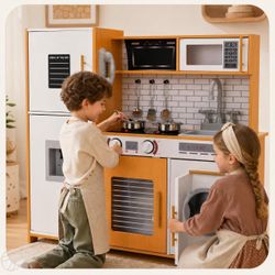 Kids Play Kitchen, Wooden Pretend Cooking Toy w/Washing Machine Kitchen Playsets w/Water Dispenser, Stove, Real Sound & Light, Telephone, Hood, Oven,