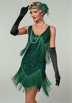 Green Sequin Fringe Flapper Dress with accessories