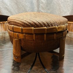 As-Is Vintage Chinese Footed Gathering/ Sewing  Basket with Winnowing Lid Craft/ Repair Project