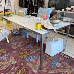 White Milk Glass Dining Table Or Desk With Chrome Base In Eagle Rock