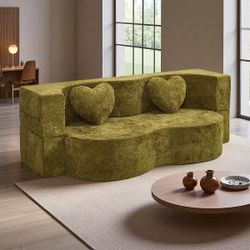 Green Velvet Curved Modular Sofa with Heart Pillows