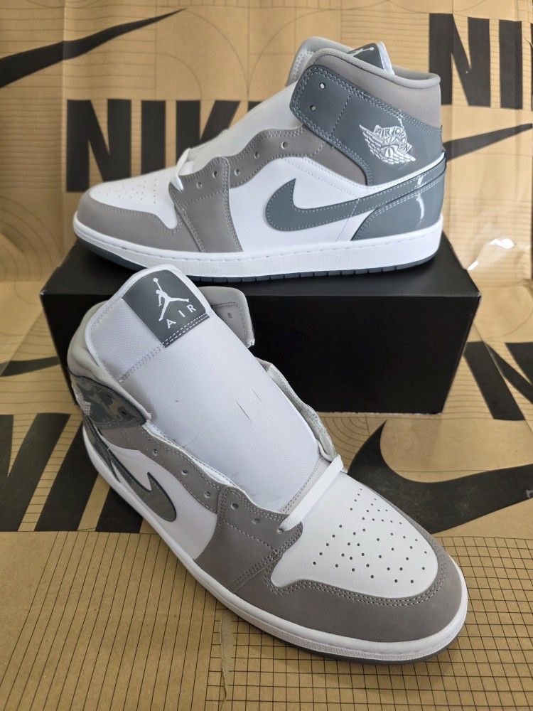 Nike Air Jordan 1 Mid SE Cool Grey Patent Men's Size 13