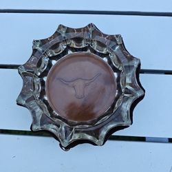 Vintage Longhorn Leather Glass Ashtray Tooled Whipstitch. Sun Burst Shape