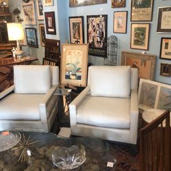 Pair Of Gabriella Cream  Leather Lounge Chairs (37x)