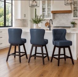 Set of 3 Upholstered Bar Stools – Navy Blue