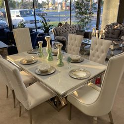 Kerwin White Marble & Mirrored Chrome Dining Table