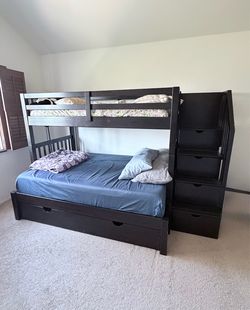 Dark Wood Bunk Bed w/ Trundle & Storage Stairs