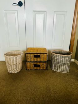 2-Drawer Wicker Organizer & 2 Wicker Waste Baskets